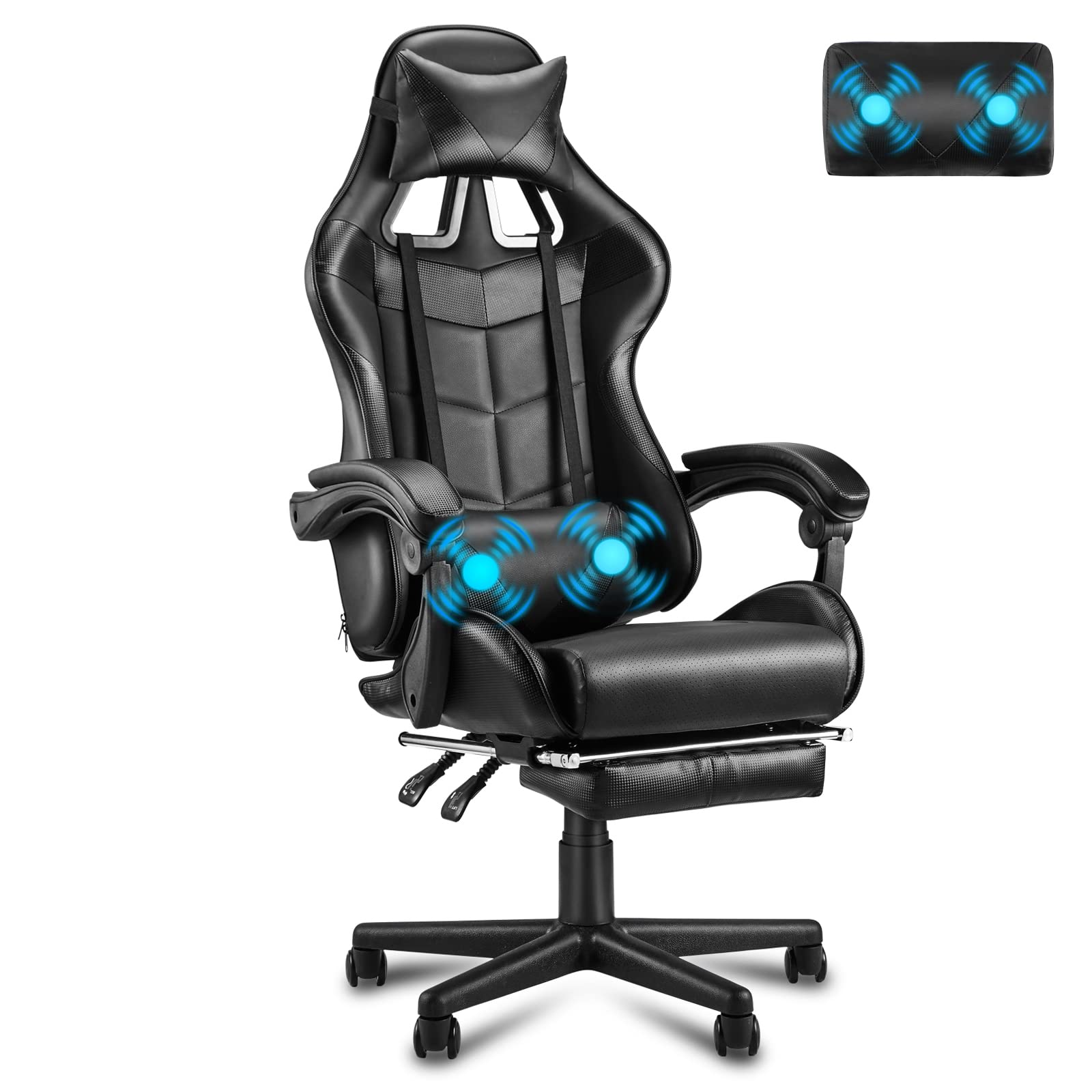 Silla gamer Soontrans con masajeador, reposapiés y reposacabezas, ergonómica, cojín de masaje lumbar, transmisión en vivo de YouTube y PlayStation (azul) 