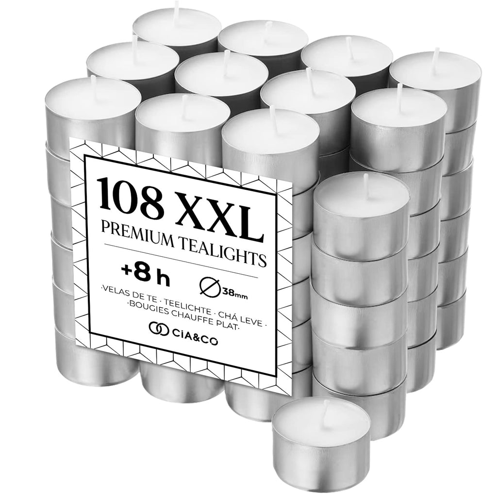 Cia&Co Pack of 108 Tea Lights 8 Hours XXL Long Lasting Round White Candles + 8 Hours Unscented and 100% Paraffin, Diameter 38 mm, Ideal Hospitality Without Odor