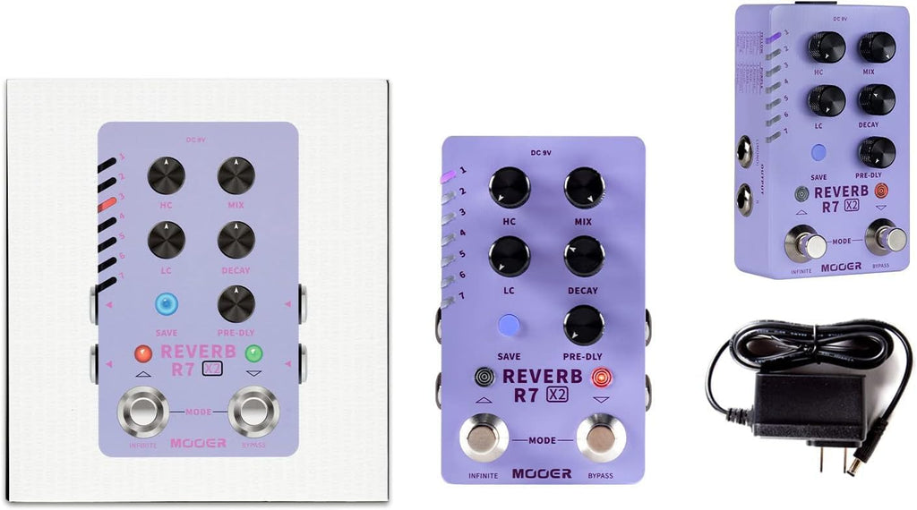 MOOER R7 X2 Stereo Multi Reverb Pedal from Classic Reverb to Modern Ambient, 14 different Reverb types with High Cut, Low Cut, Mix Parameter Knobs and Infinite and Trail-on functions