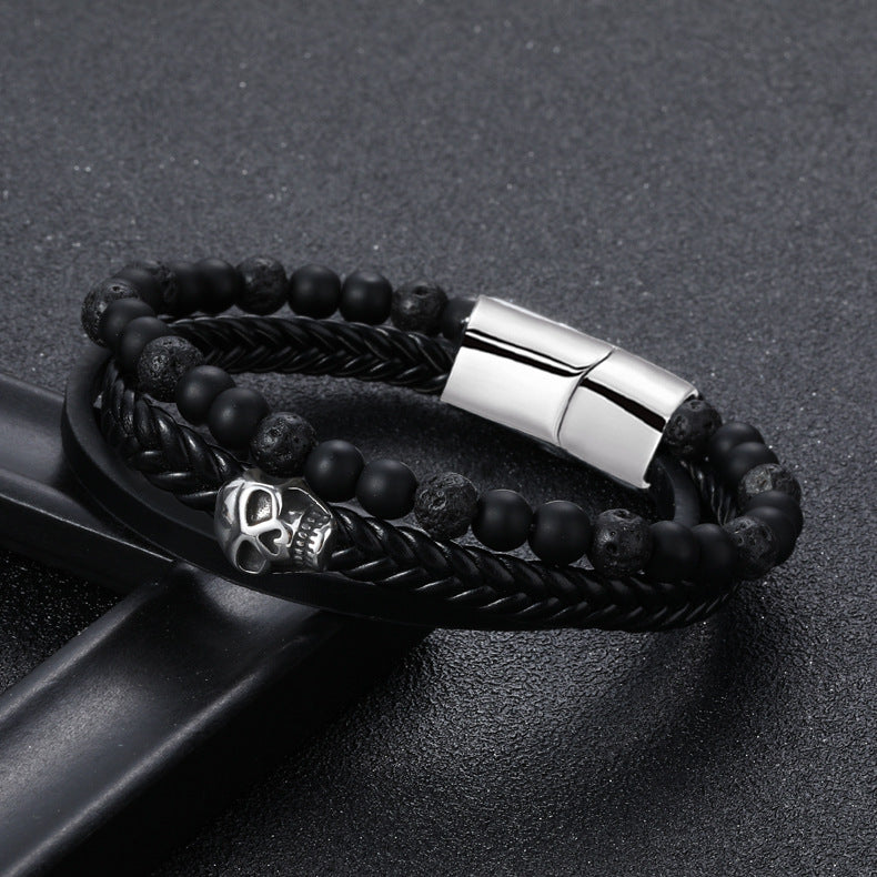 Skull Bracelet in Leather and Natural Stone