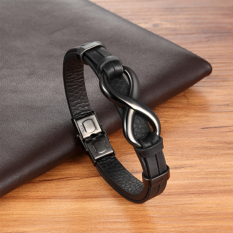 Pulseira de Couro e Aço Inoxidável Infinito