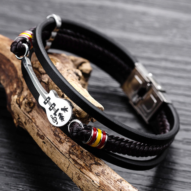 Pulseira de Couro e Aço Inoxidável Guitarra