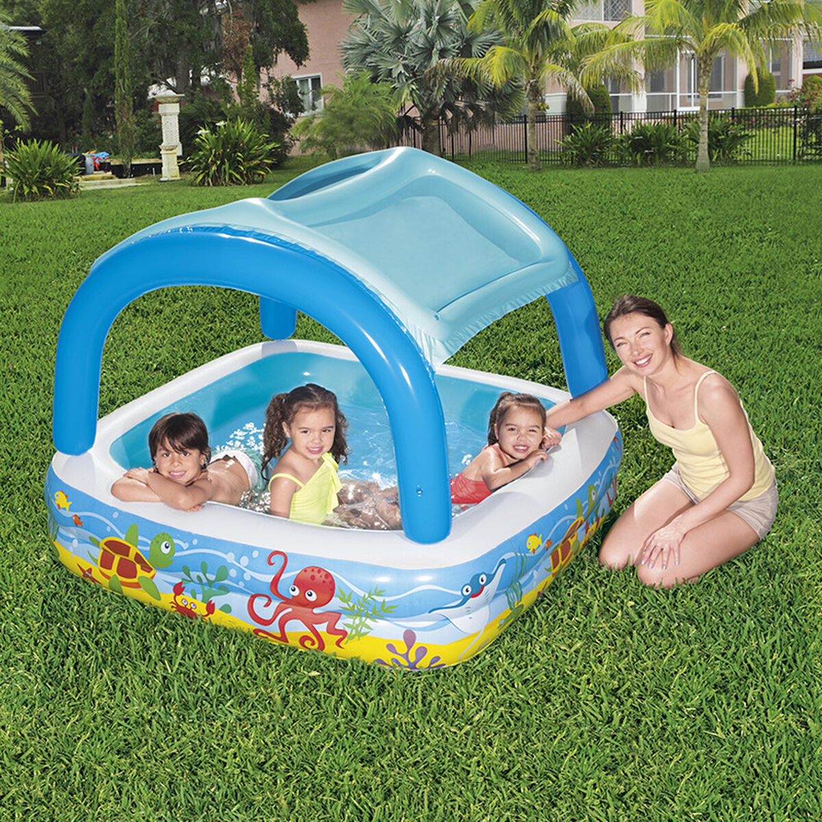 Bestway Piscina Inflável Infantil com Teto Removível 140x140x114cm +2 Anos Jardim 52192