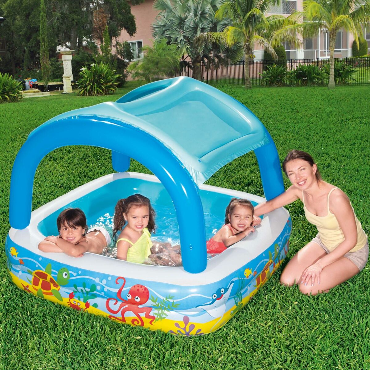 Bestway Piscina Inflável Infantil com Teto Removível 140x140x114cm +2 Anos Jardim 52192