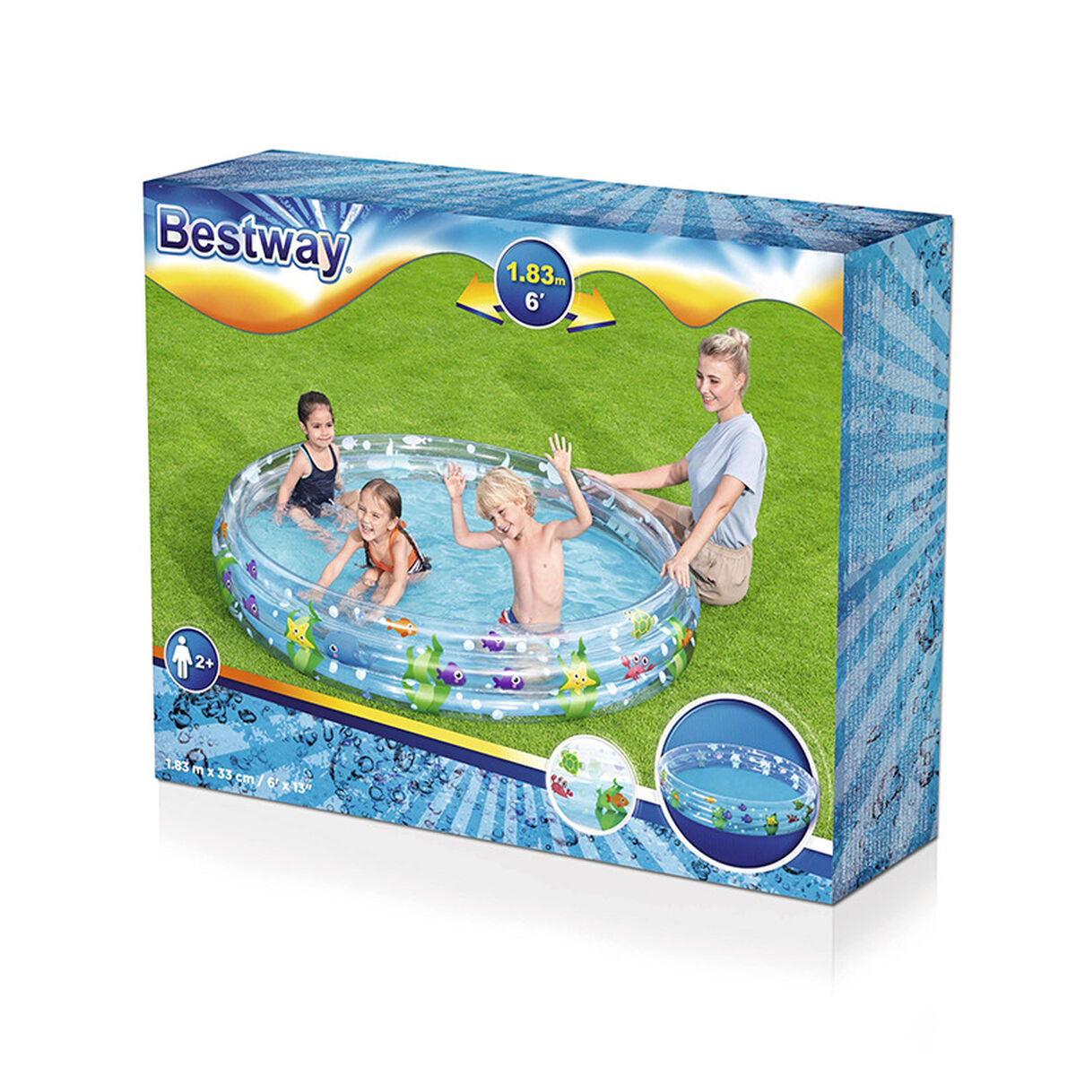 Bestway Piscina Insuflável Infantil 3 Aros Transparente Vida Marinha 183x33 cm +2 Anos Jardim 51005