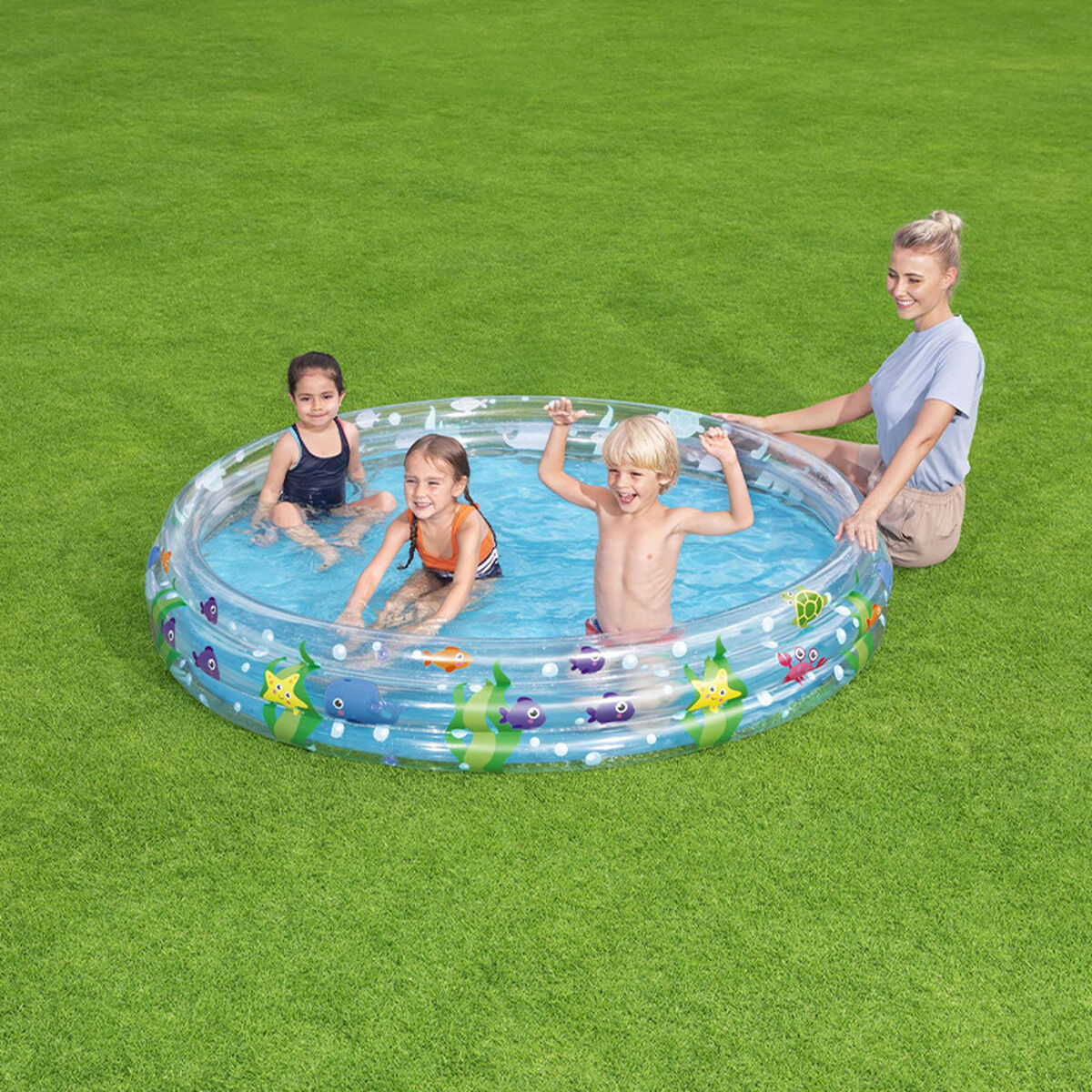 Bestway Piscina Insuflável Infantil 3 Aros Transparente Vida Marinha 183x33 cm +2 Anos Jardim 51005