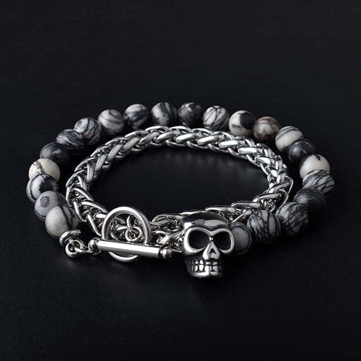 Skull bracelet in 316L stainless steel and natural stone.