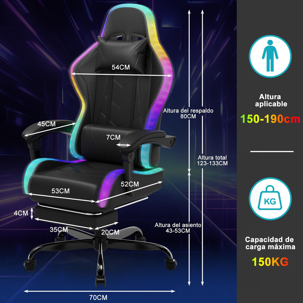 Devoko Cadeira de jogos com massajador e LED, cadeira de escritório ergonómica com apoio para os pés, cadeiras de jogos para escritório e jogos com iluminação RGB(branco)