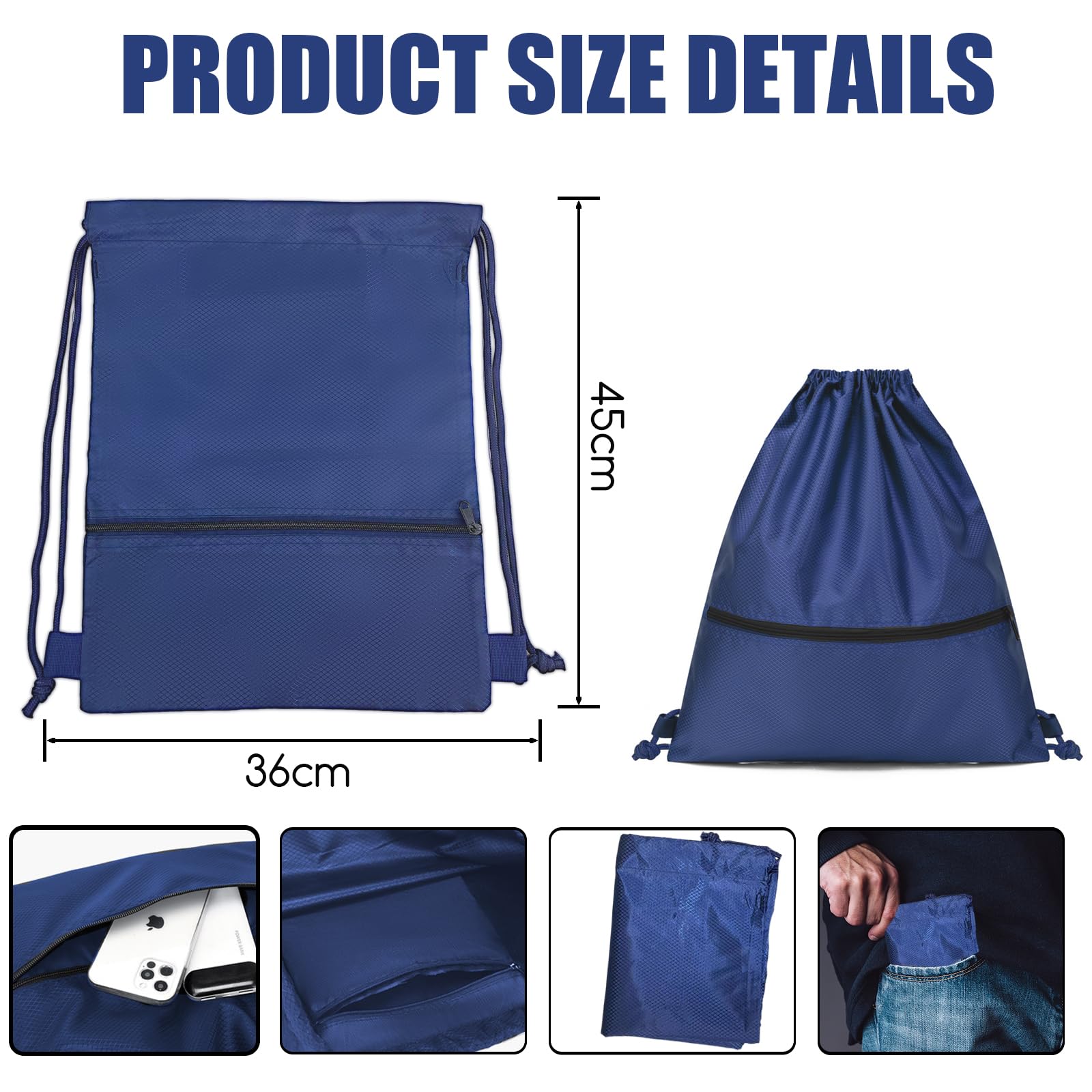 Jsdoin Waterproof Drawstring Bag for Gym, Sports Drawstring Backpack, Sports Bag, Zipper, School, Beach, Holiday, Swimming, Travel