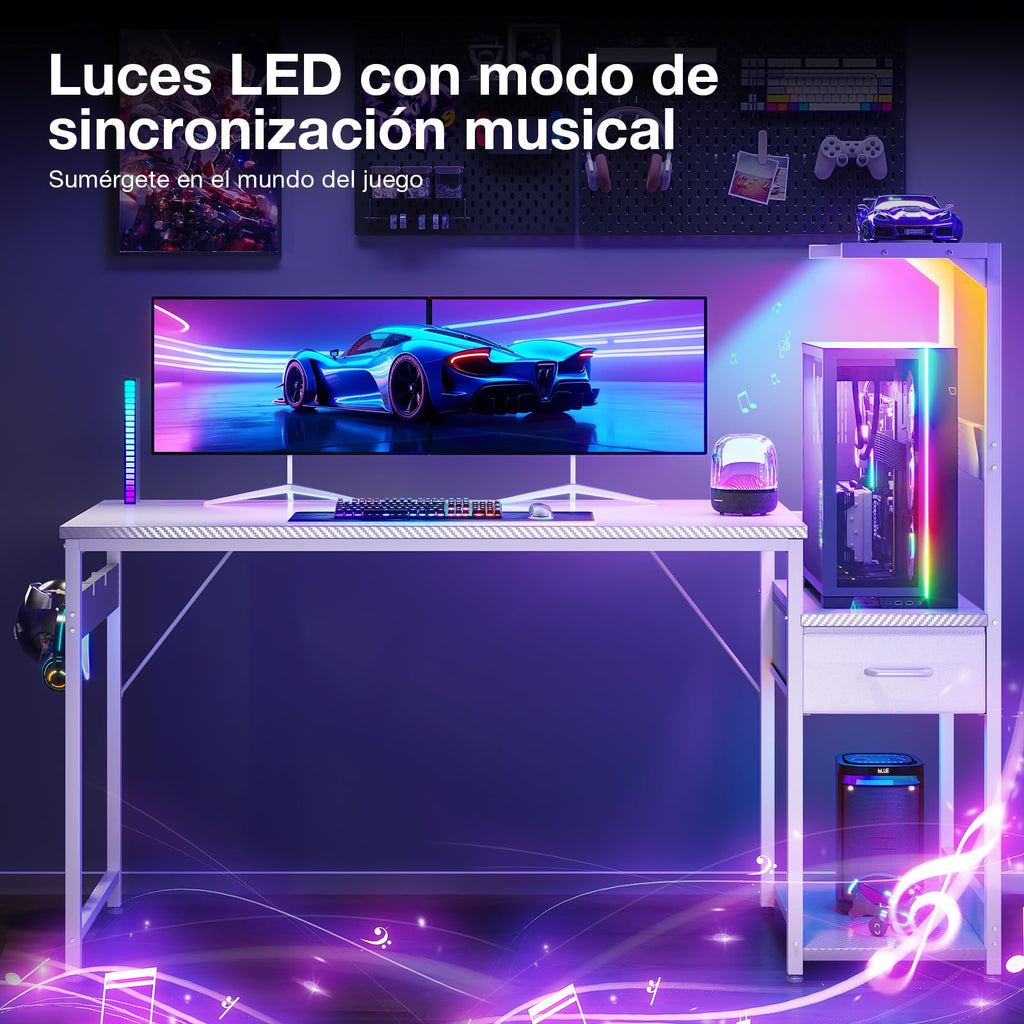 Escritorio para juegos Coleshome con iluminación LED, 120 x 48 cm, cajones y soporte, reversible, con gancho para casco, fibra de carbono negra 