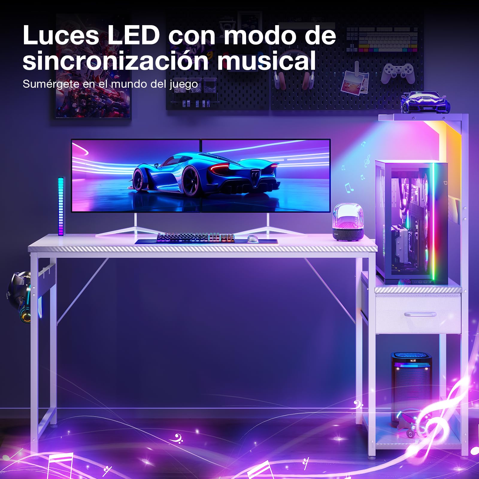 Escritorio para juegos Coleshome con iluminación LED, 120 x 48 cm, cajones y soporte, reversible, con gancho para casco, fibra de carbono negra 