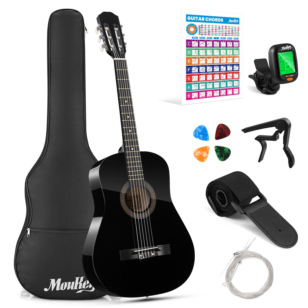 Moukey Acoustic Guitar Full Size Kits for Beginners Adults 4/4 de 41" Guitar Bundles com Chord Poster, Gig Bag, Tuner, Steel Strings, Strap, natural