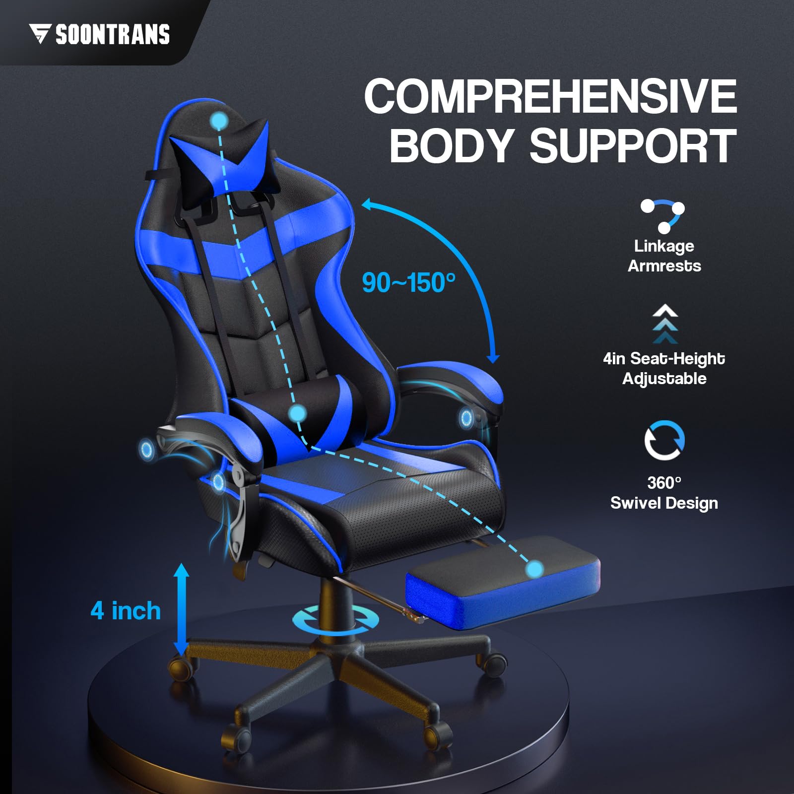 Silla gamer Soontrans con masajeador, reposapiés y reposacabezas, ergonómica, cojín de masaje lumbar, transmisión en vivo de YouTube y PlayStation (azul) 
