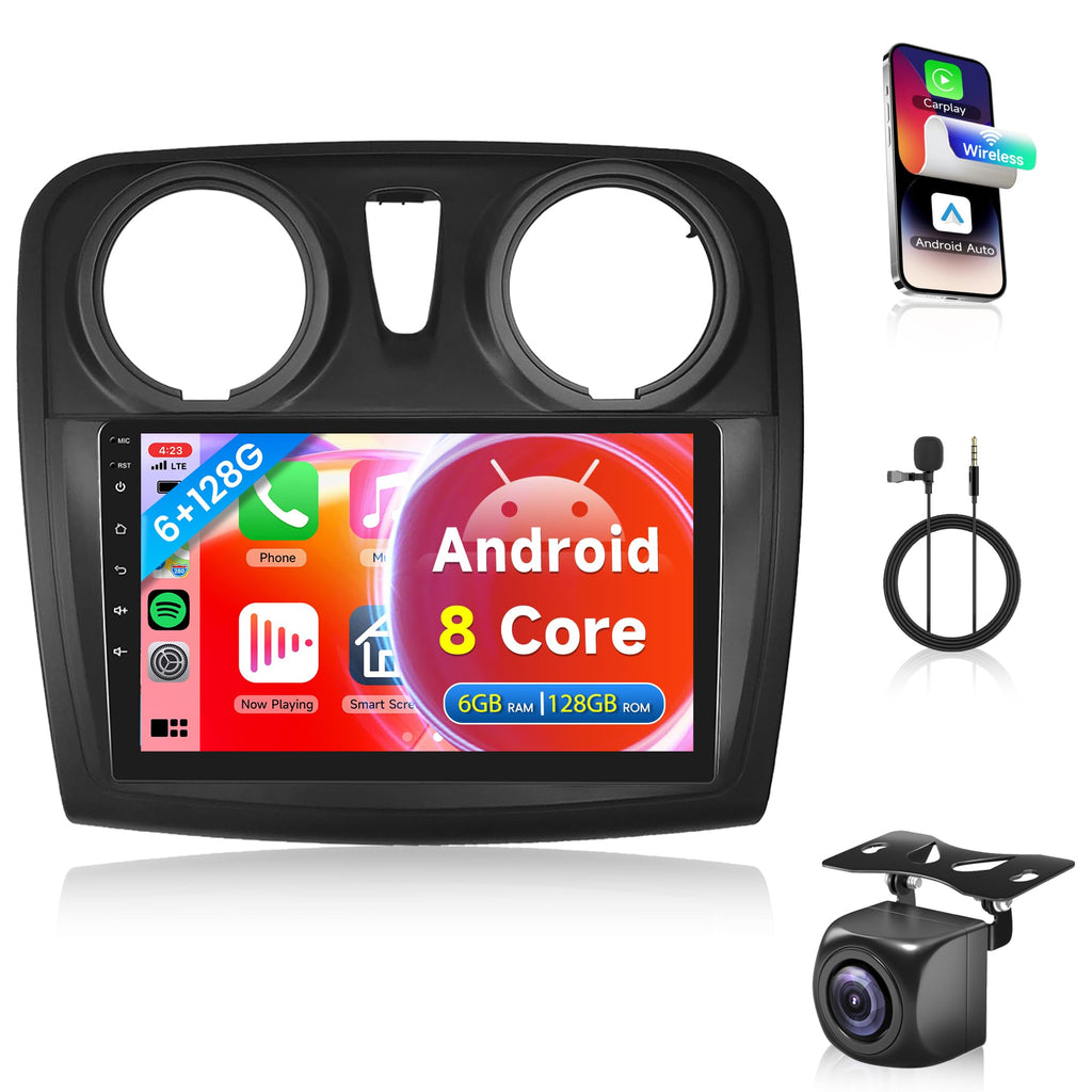 2G+64G Wireless Carplay Android Car Radio for Renault Dacia Logan 2 Sandero B52 2012-2019 9 Inch Radio with Android Auto Navi GPS WiFi Mirror Link Bluetooth FM/RDS/Dab/SWC Rear Camera