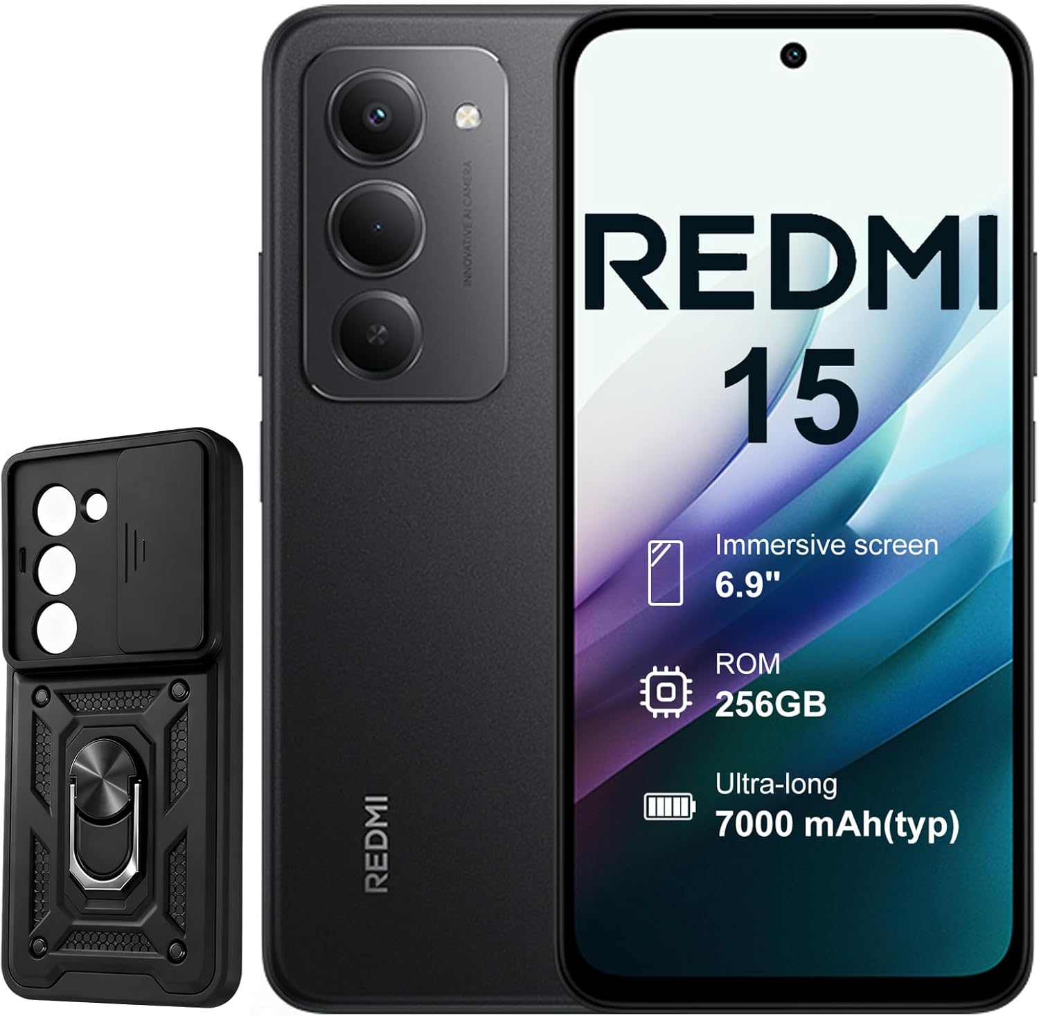 XIAOMI Redmi 15 4G 8+256GB Smartphone – Batería 7000mAh | Pantalla 6.9" FHD+ 144Hz | Snapdragon 685 | Cámara Dual 50MP | Carga Rápida 33W | Diseño Quad-Curve (Negro, con Funda)