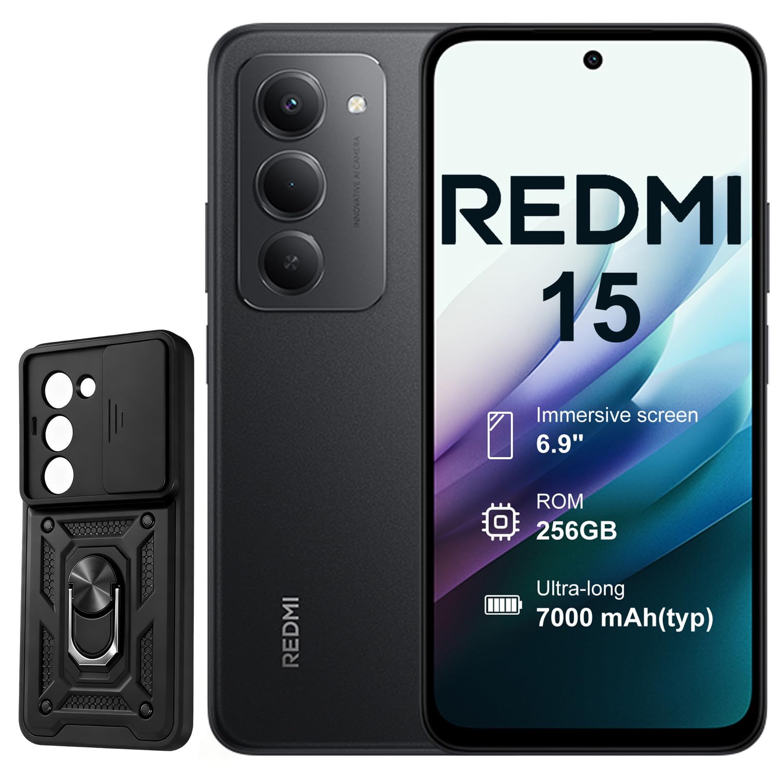 XIAOMI Redmi 15 4G 8+256GB Smartphone – Batería 7000mAh | Pantalla 6.9" FHD+ 144Hz | Snapdragon 685 | Cámara Dual 50MP | Carga Rápida 33W | Diseño Quad-Curve (Gray, con Funda)
