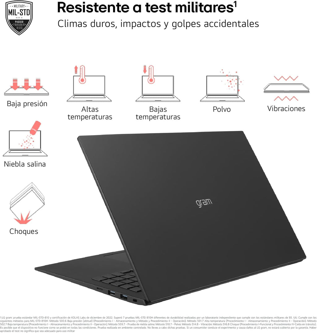 Portátil ultraligero LG gram Pro 17Z90SP-E.AD88B, 43,1 cm, pantalla IPS, procesador Intel Core Ultra 7, 32 GB de RAM, SSD de 1 TB, hasta 27 horas de batería, 1,4 kg, NVIDIA RTX 3050, Windows 11, para hombre, negro, teclado QWERTY 