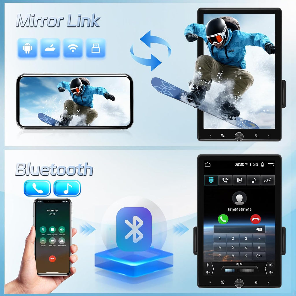 1 DIN Radio with Wireless Carplay & Android Auto Screen – 10.4 Inch Rotatable Car Radio Touch Screen with Mirror Link, FM Radio, USB/AUX/SD Input + Reverse Camera