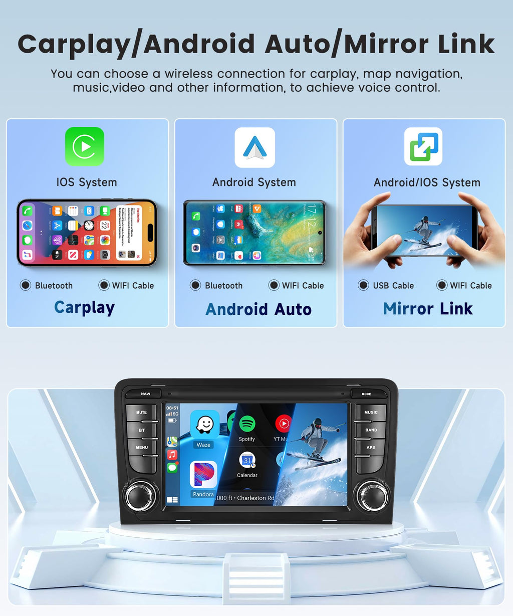 6G+128G 8 Core Wireless Carplay Android Car Radio for Audi A3 8P A3 8P1 S3 RS3 8P RS3 Sportback 7 Inch Car Radio Android Auto GPS Navi WiFi Mirror Link Bluetooth FM/RDS/DSP Rear Camera