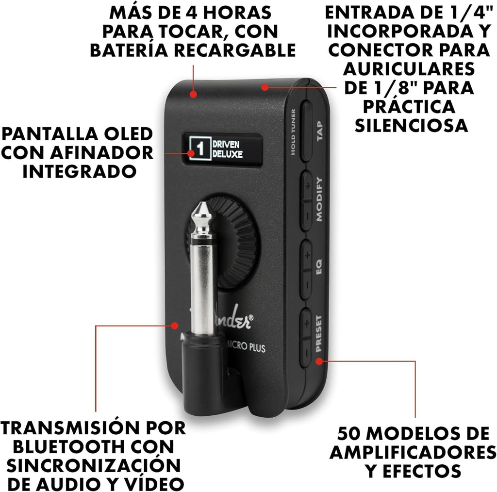 Fender Mustang Micro Plus Amplificador de Guitarra, Amplificador de Auriculares Personal con 25 Modelos de Amplificador, 25 Efectos, Bluetooth y 100 presets, Recargable por USB