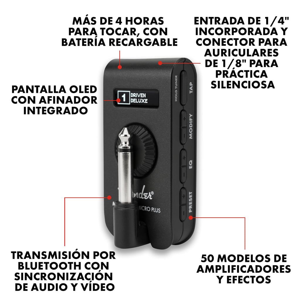 Fender Mustang Micro Plus amplificador de guitarra, amplificador de auriculares pessoal com 25 modelos de amplificador, 25 efeitos, Bluetooth e 100 presets, recarregável por USB