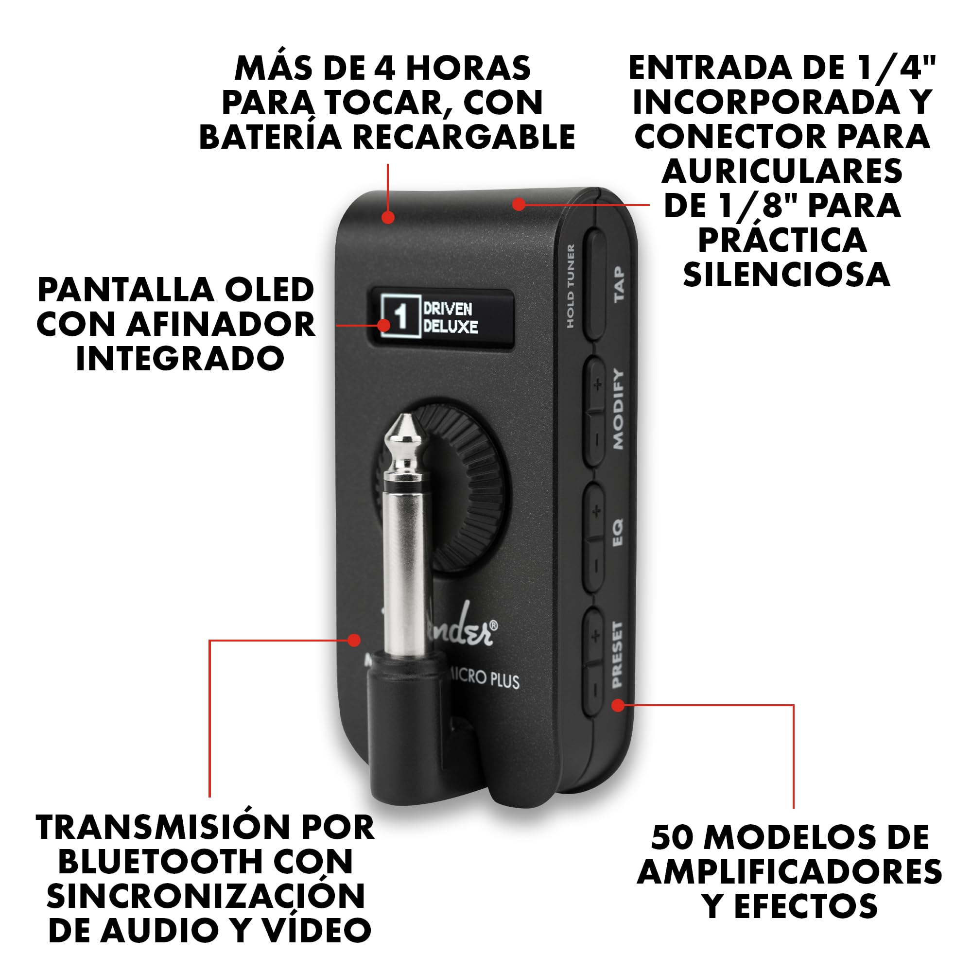 Fender Mustang Micro Plus amplificador de guitarra, amplificador de auriculares pessoal com 25 modelos de amplificador, 25 efeitos, Bluetooth e 100 presets, recarregável por USB