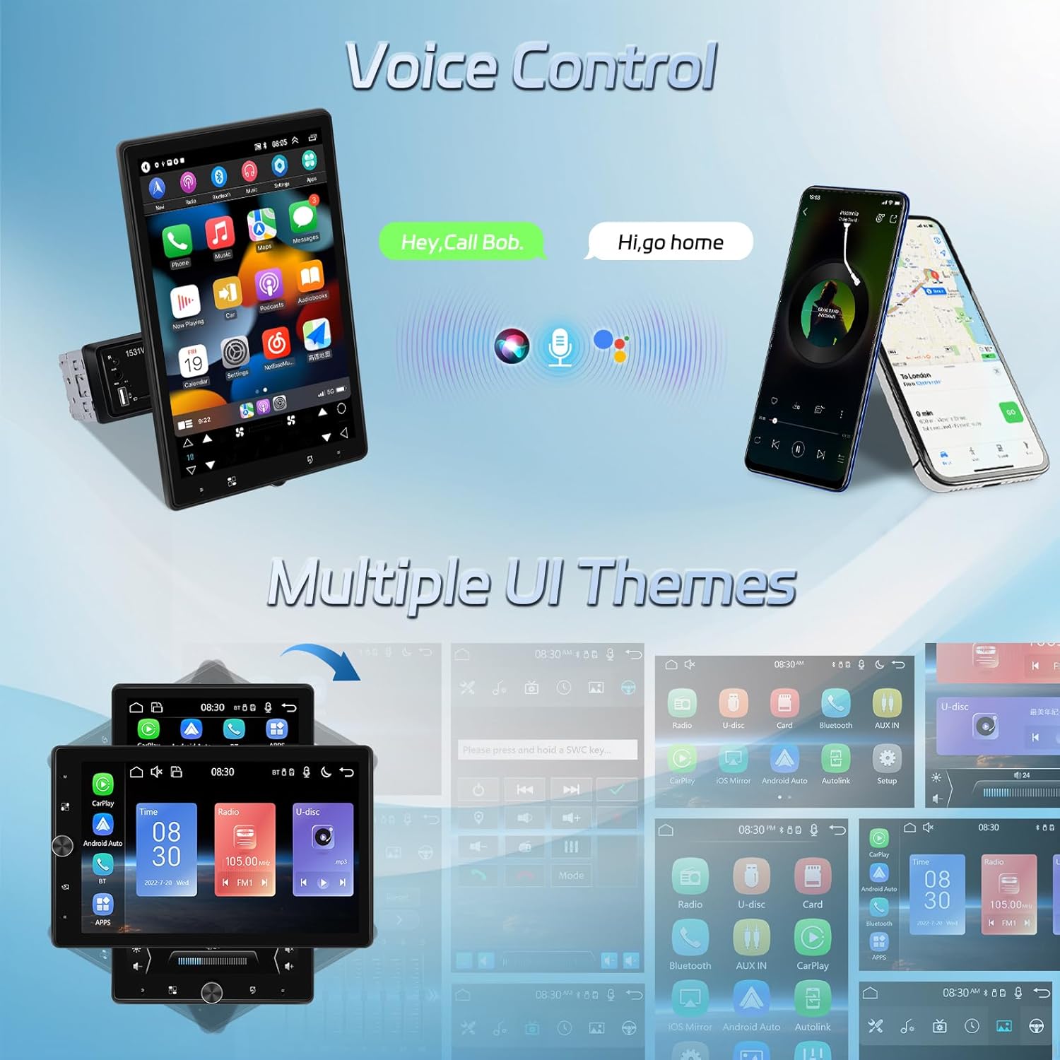 1 DIN Radio with Wireless Carplay & Android Auto Screen – 10.4 Inch Rotatable Car Radio Touch Screen with Mirror Link, FM Radio, USB/AUX/SD Input + Reverse Camera