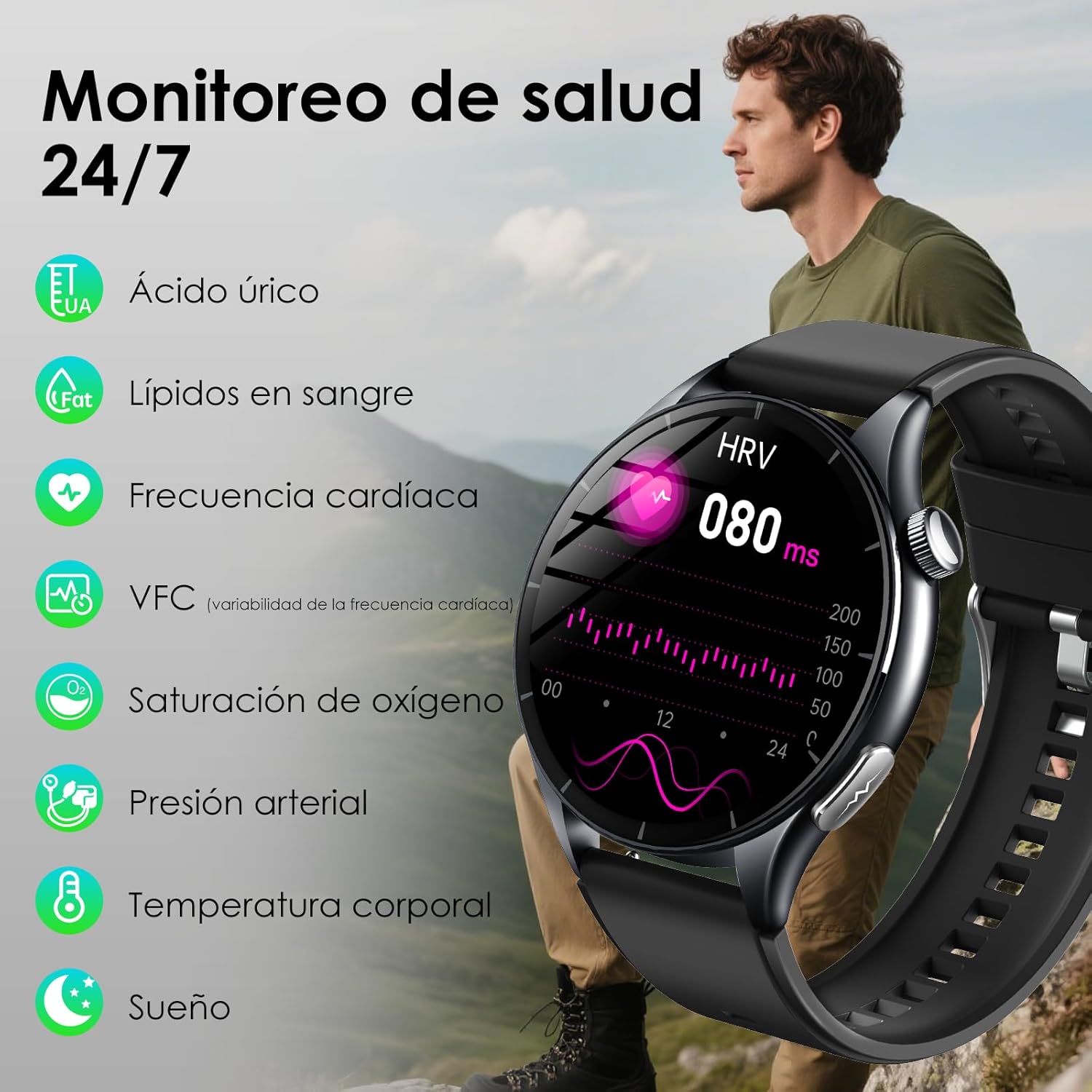 Smart Watch with Uric Acid, 1.56 inch AMOLED Smartwatch with Bluetooth Calls, 24H Heart Rate and SpO2 Temperature Sleep Sports Watch for Android iOS