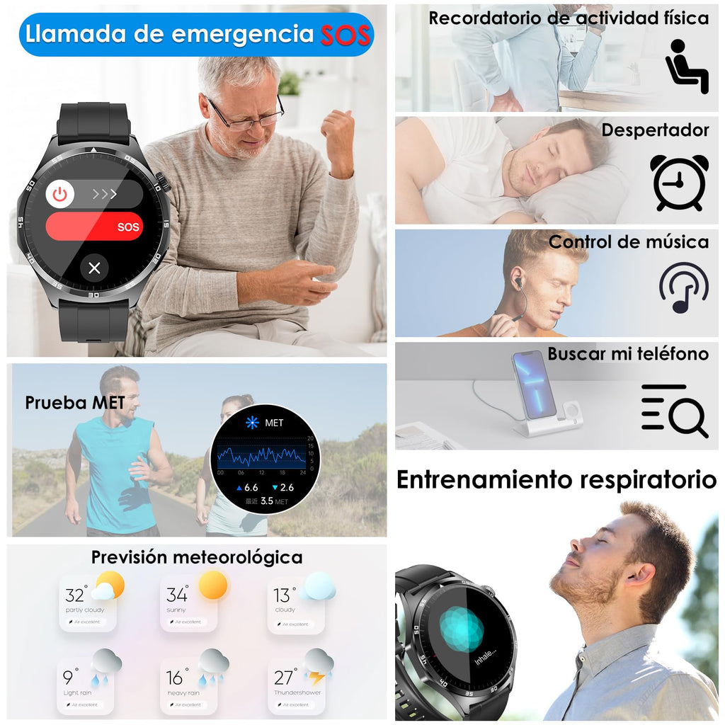 2025 Men's Smart Watch, 1.43 Inch AMOLED Smartwatch with Heart Rate Monitor/SpO2/Uric Acid/Lipids/Sleep/SOS/Bluetooth Call, Sports Fitness Tracker (Carbon Black)