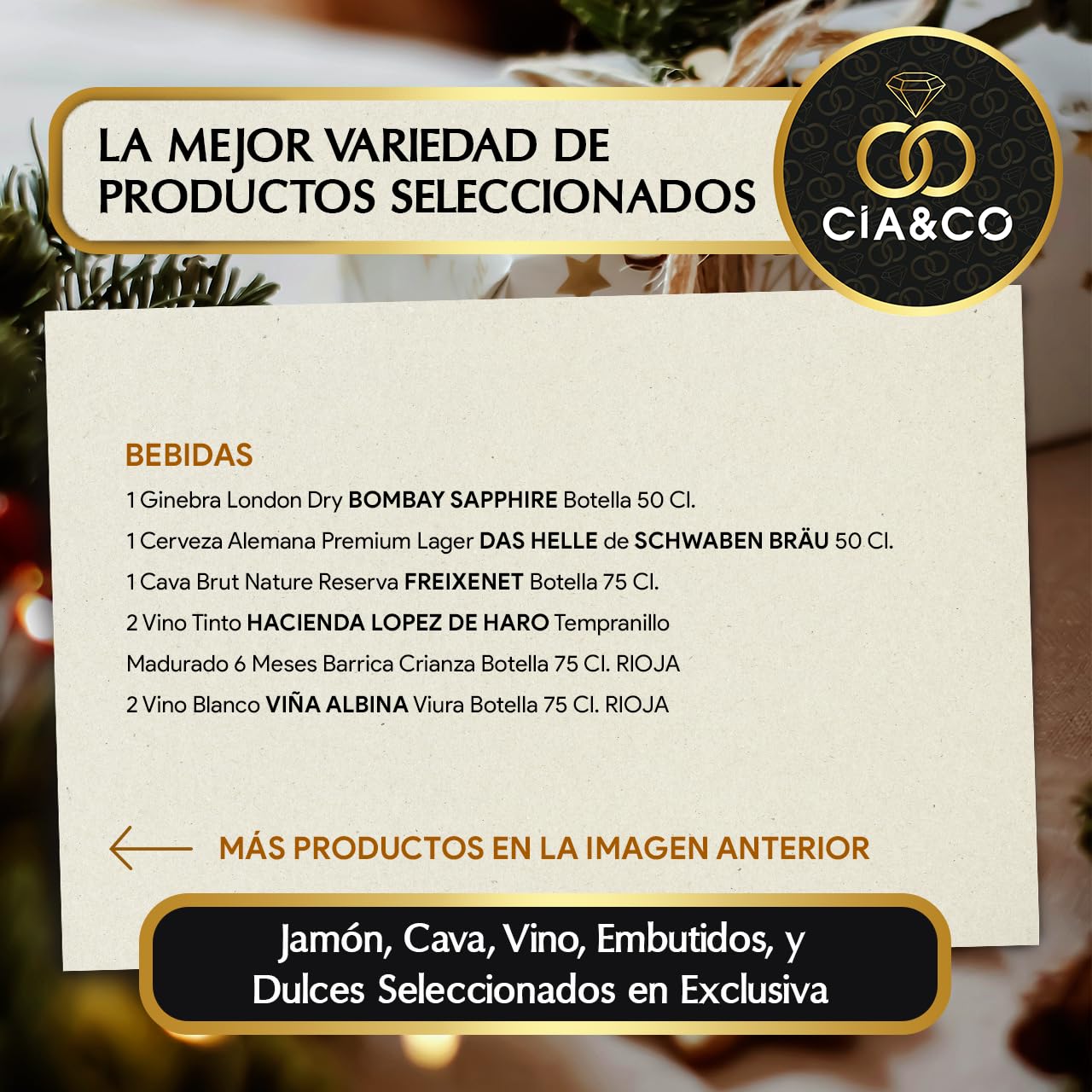 Christmas Basket with Gourmet Ham 2025 (Lot 217) · With Red and White Wine Rioja, Cava, Gin, Beer, Sweets and Iberian · Includes Customizable Card · Ideal Corporate or Family Gift