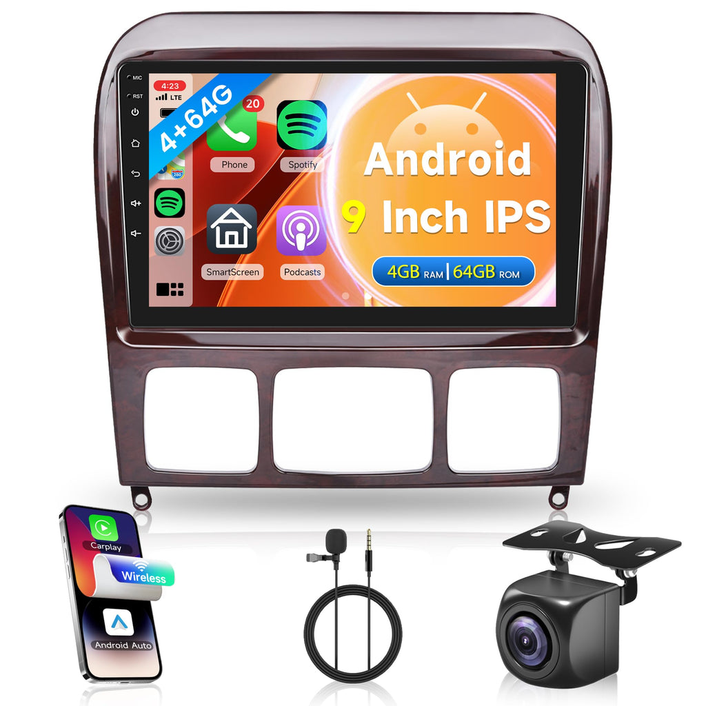4G+64G Wireless Carplay Android Car Radio for Mercedes Benz S Class W220 VV220 1998-2005 9 Inch Radio with Android Auto GPS Navi WiFi Mirror Link Bluetooth FM/RDS/32 EQ/USB/SWC Rear Camera