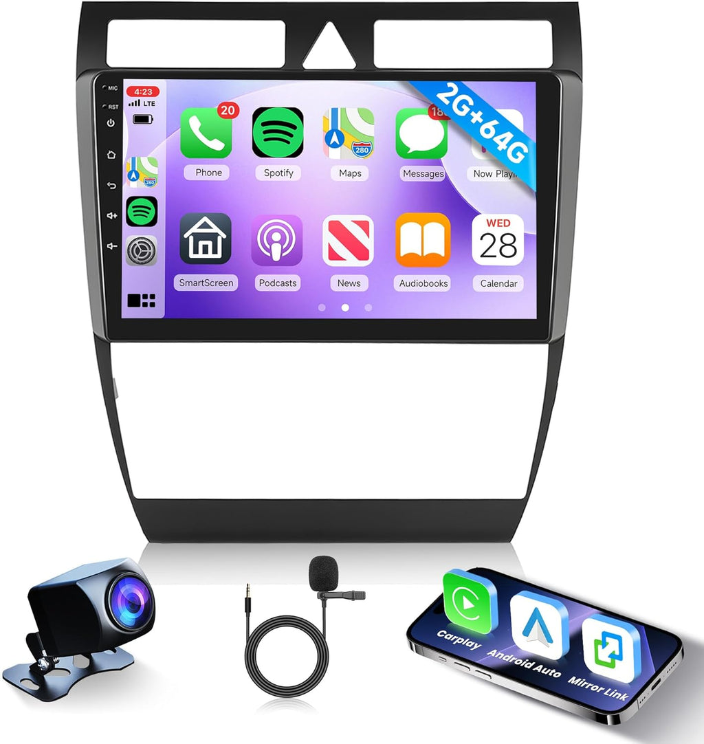 2G+64G Carplay Android Car Radio for Audi A6 C5 1997-2004 S6 1999-2004 RS6 2002-2006 9 Inch Car Radio with Android Auto GPS Navi WiFi Mirror Link Bluetooth FM/RDS EQ/USB/SWC Rear Camera