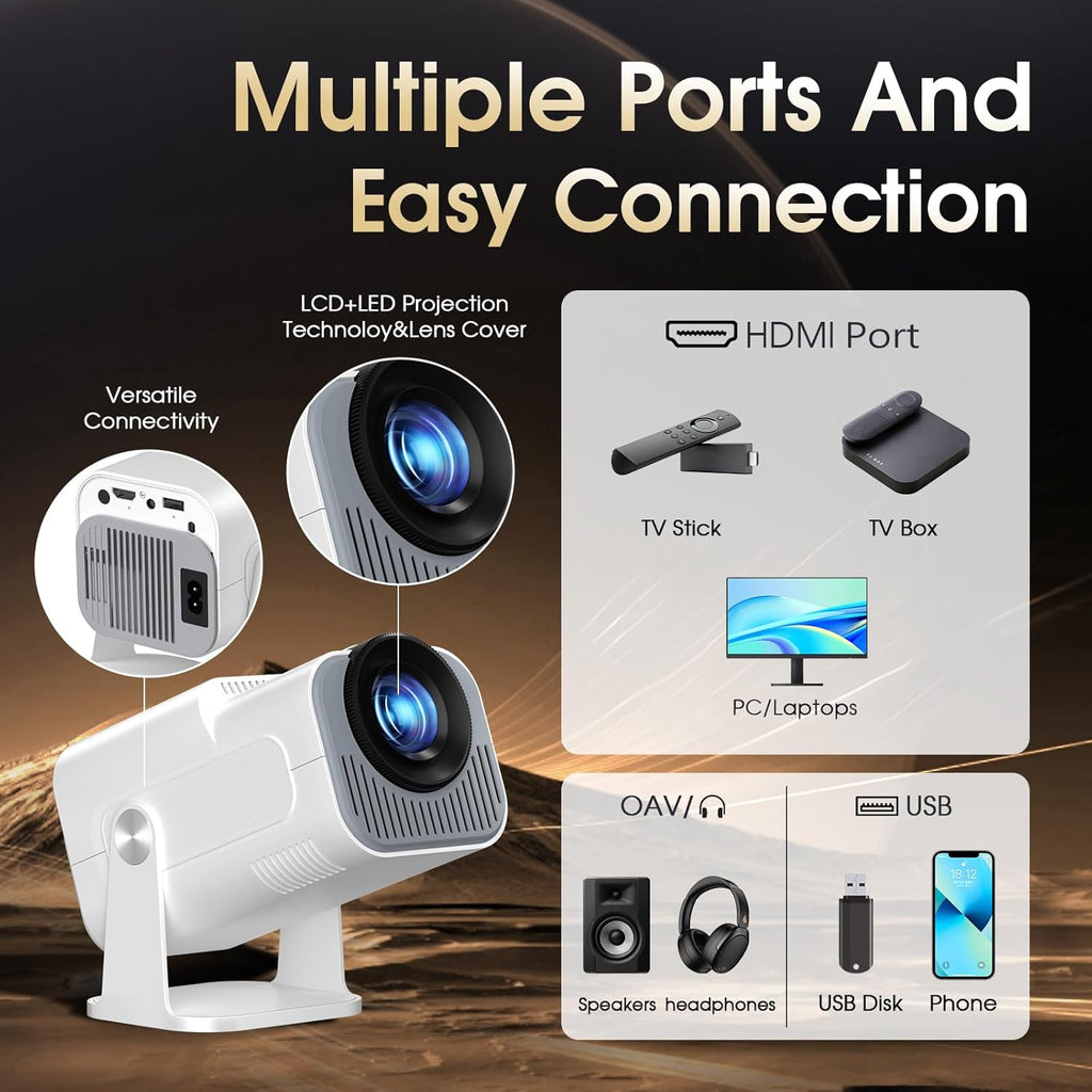 [App integrado] 2025 atualizado projetor portátil 1920 x 1080P 4K supote videoprojetor duplo controlo TV WiFi 6 BT5.2 180° rotação HDMI/TV Stick/USB/PS5/Laptop, com cabo HDMI e rato Black Banco