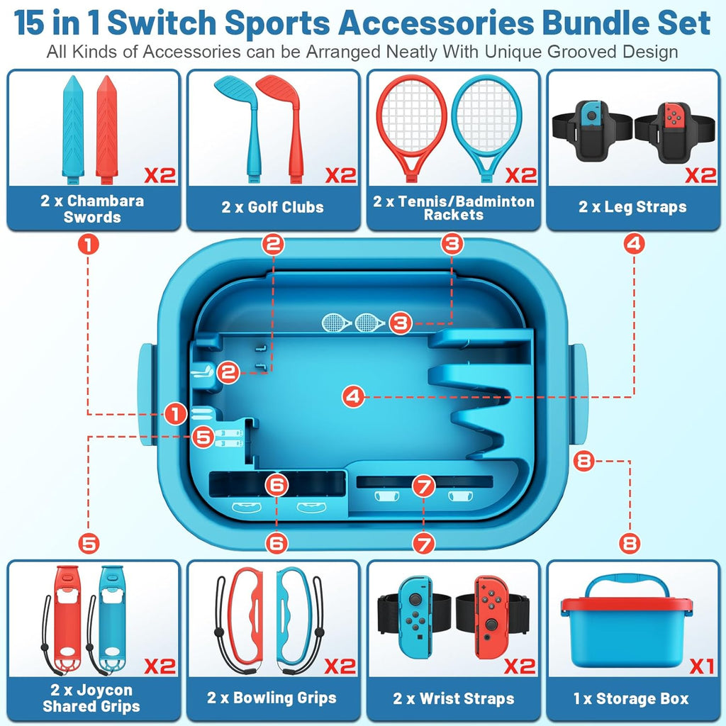 Deruitu 15 en 1 Switch Sports Accesorios Bundle Set para Nintendo Switch/ Juegos OLED, Switch Sports Juegos Accesorios Kit, Family Party Pack Juegos Accesorios Set para Switch OLED Juegos Deportivos