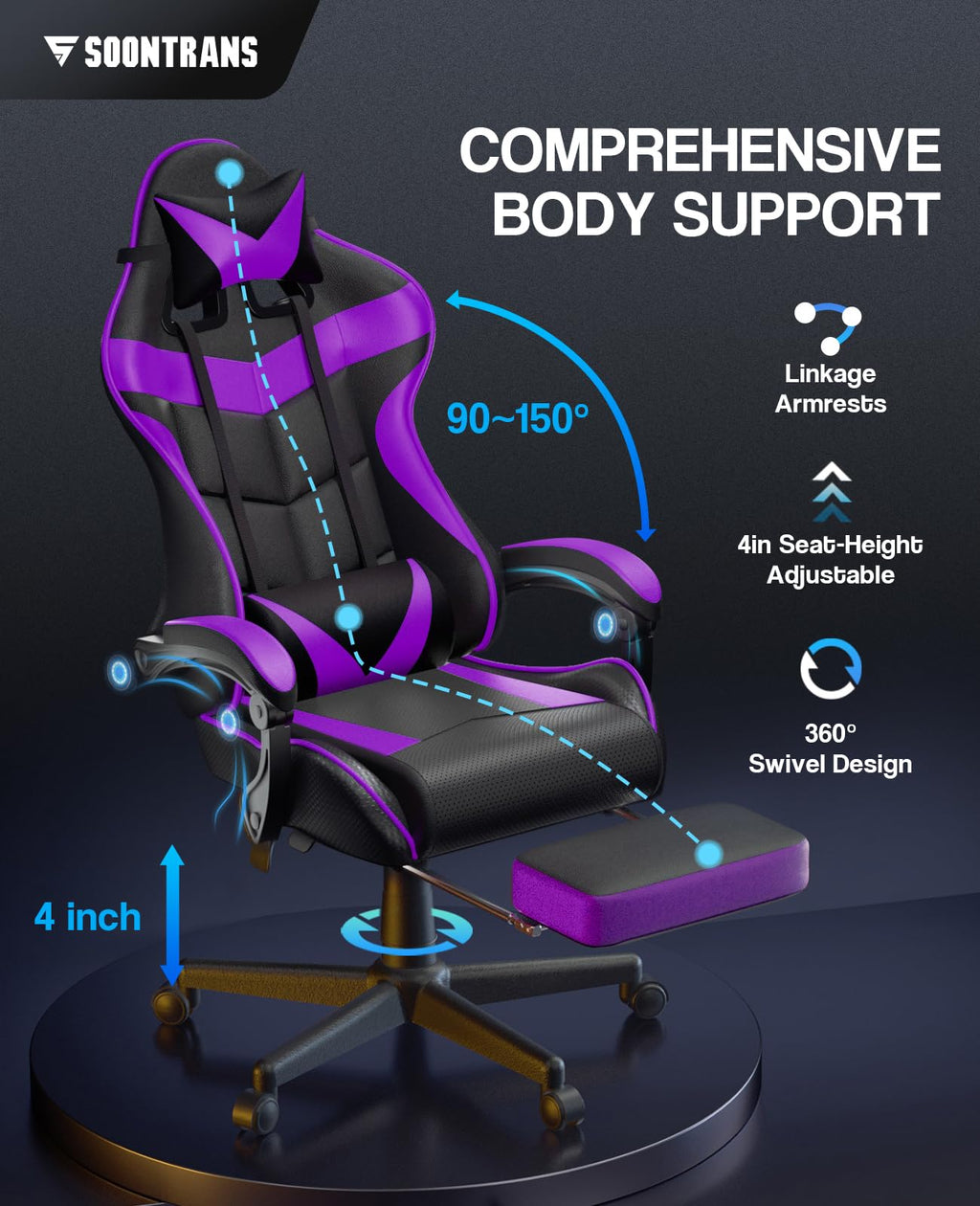 Silla gamer Soontrans con masajeador, reposapiés y reposacabezas, ergonómica, cojín de masaje lumbar, transmisión en vivo de YouTube y PlayStation (azul) 