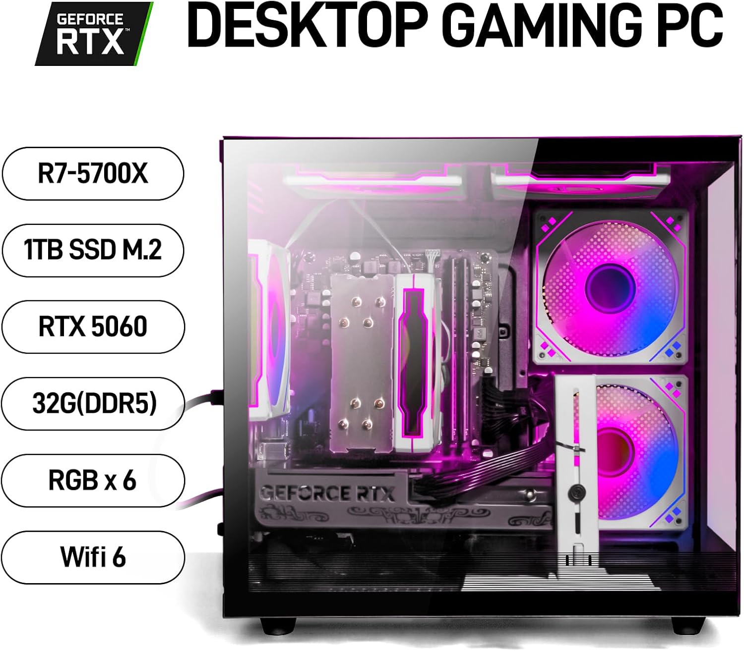 Gaming PC Desktop Ryzen 7 5700X, GeForce RTX 5060, 32G DDR4 RAM, 1TB NVME SSD, Prebuilt Tower Computer for Gaming, Home (Black)