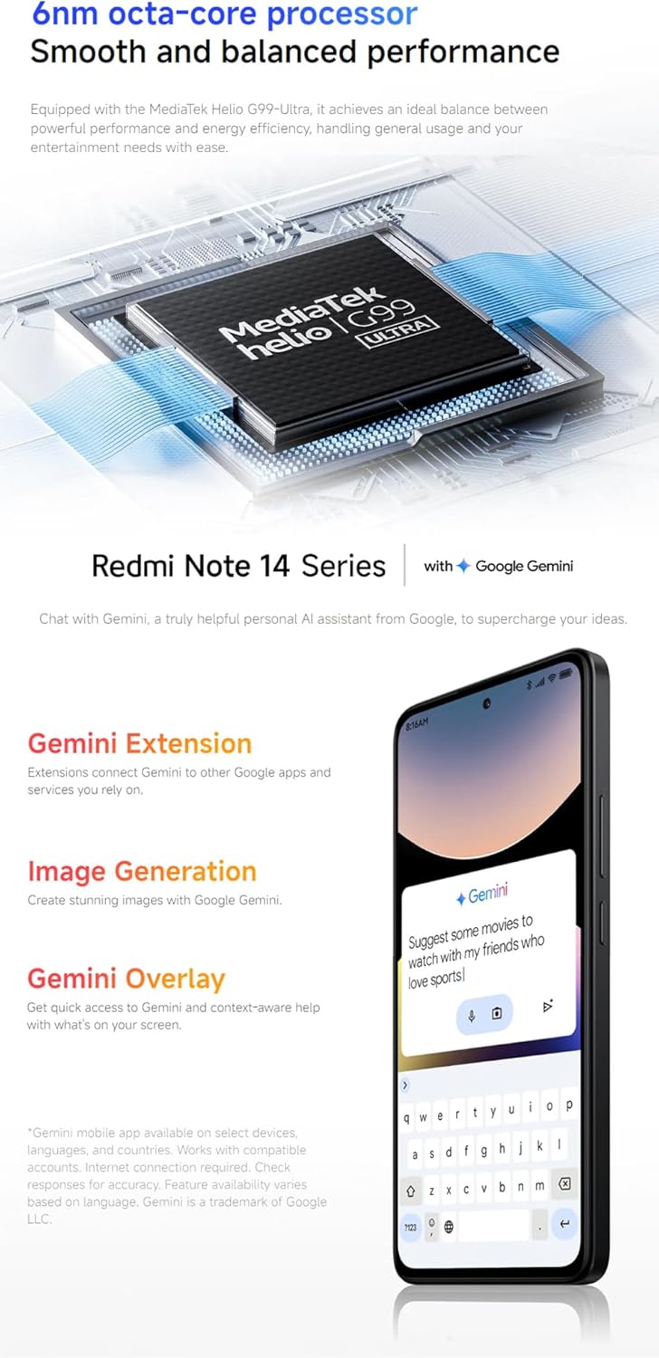 XIAOMI Redmi Note 14 4G 8GB + 256GB Smartphone 5110 mAh Batería, Sin NFC, Con Cargador (Negro)