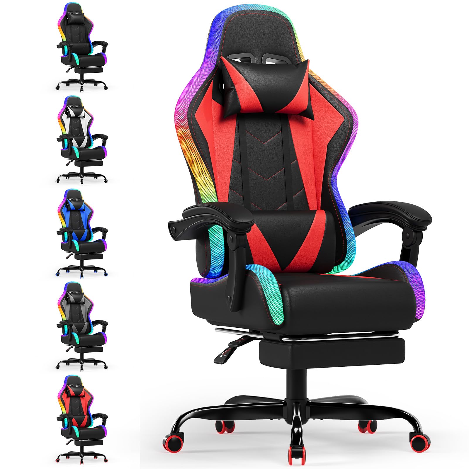 Silla gaming Devoko con masajeador y LED, silla ergonómica de oficina con reposapiés, sillas gaming para oficina y gaming con iluminación RGB (blanca) 