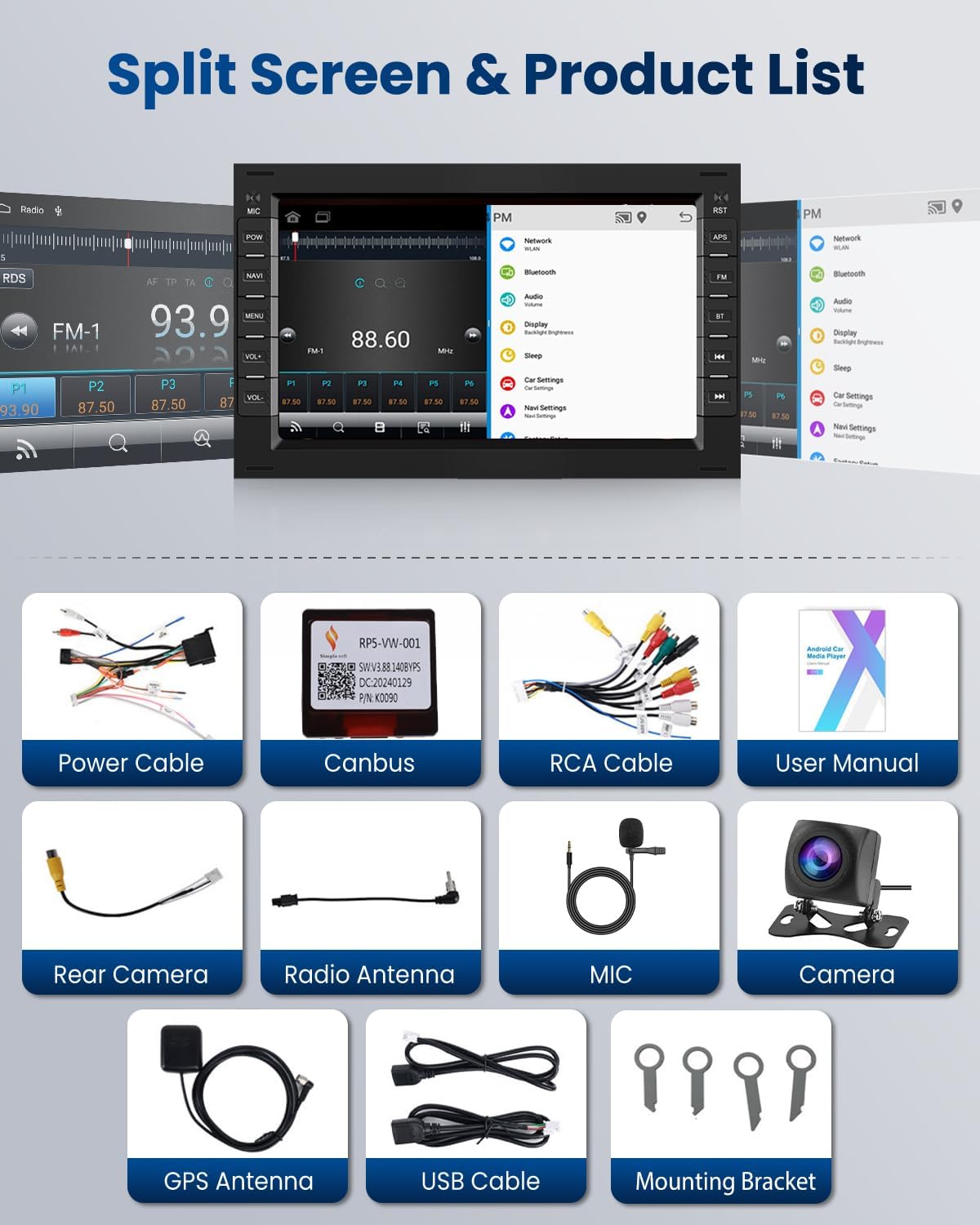 2G+64G Wireless Carplay Android 13 Car Radio for VW T5 Golf 4 Bora Polo Passat B5 Jetta Seat Peugeot 307 Ford Galaxy 7 Inch Car Radio with Navi GPS WiFi Bluetooth FM/RDS Rear Camera