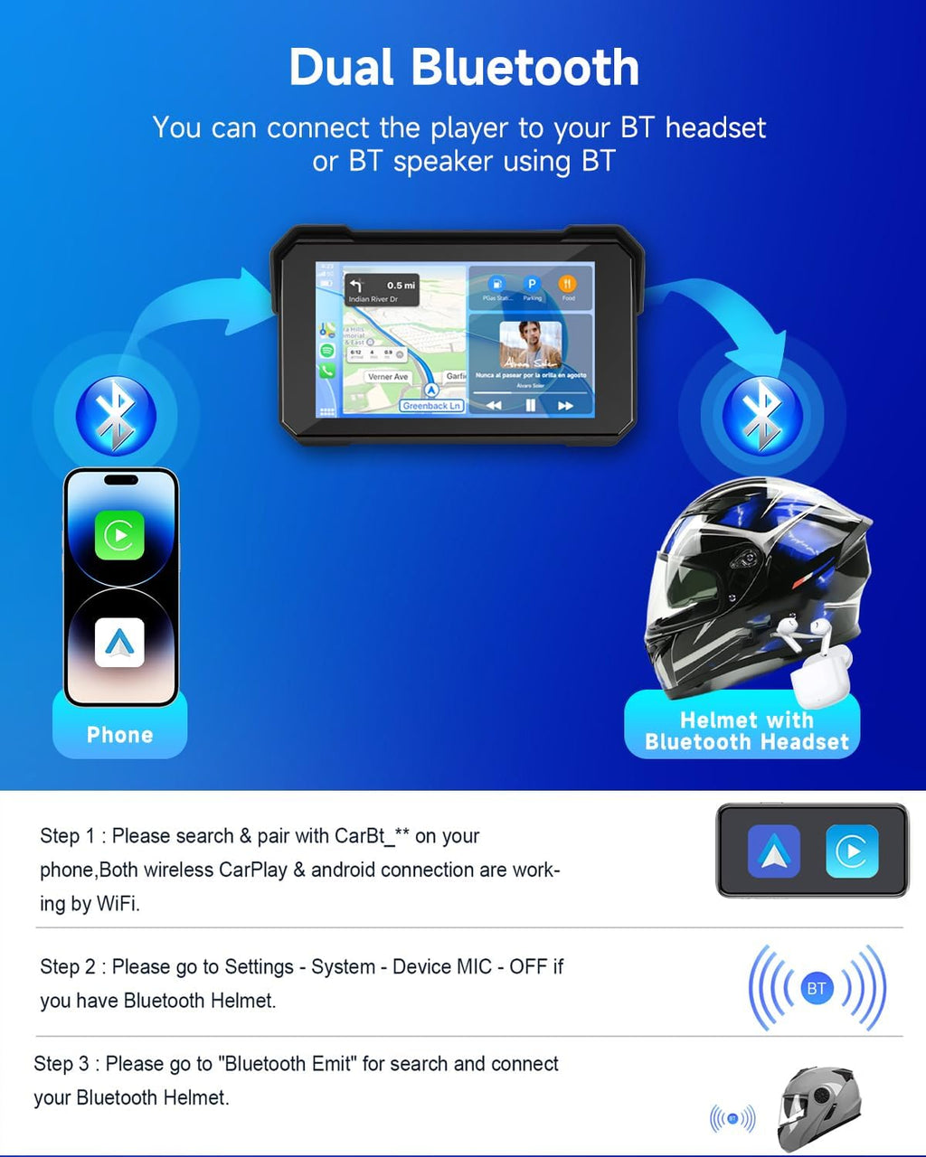 Rimoody Wireless Carplay Motorbike Navi Android Auto, 5 Inch Touch Screen Portable Carplay for Motorcycles, Car Radio for Motorcycles with Bluetooth/Navigation/IP68 Waterproof 