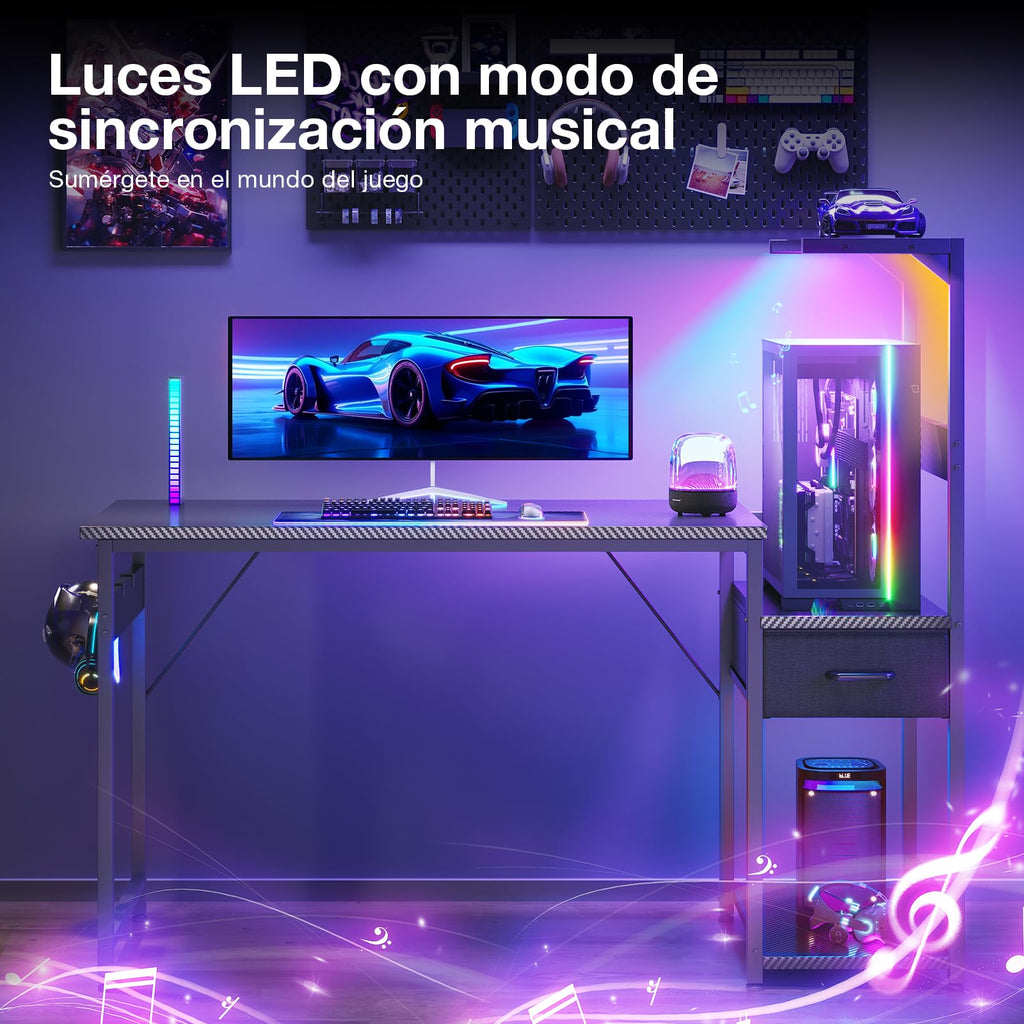 Escritorio para juegos Coleshome con iluminación LED, 120 x 48 cm, cajones y soporte, reversible, con gancho para casco, fibra de carbono negra 
