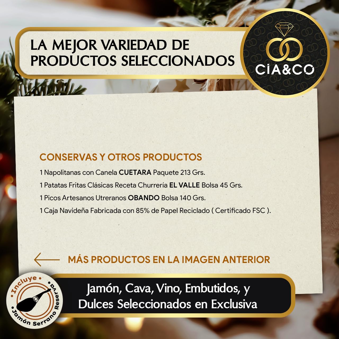 Christmas Basket with Gourmet Ham 2025 (Lot 217) · With Red and White Wine Rioja, Cava, Gin, Beer, Sweets and Iberian · Includes Customizable Card · Ideal Corporate or Family Gift