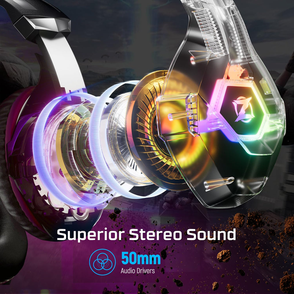 Gaming headset, gaming headset with rotating microphone, RGB light, premium stereo, lightweight comfortable earmuffs, for PS4 PS5 Xbox PC Switch Tablet Laptop 