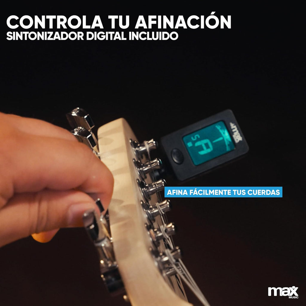 MAX GigKit Pack guitarra elétrica azul escuro Quilted com amplificador de 40 W, ajustador, capa, correia e conjunto de cordas, conjunto de iniciação completo para iniciantes ou presente musical