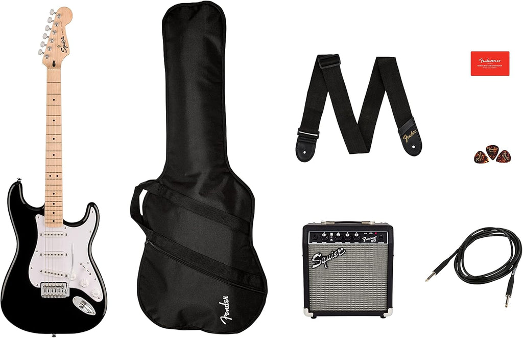 Squier by Fender Sonic Stratocaster Pack de Guitarra Eléctrica, Diapasón de Arce, Negro, Funda, Amplificador Squier Frontman 10G - 230V EU, Incluye cursos virtuales gratuitos en Fender Play