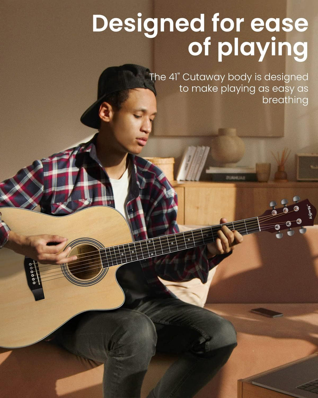 Moukey Acoustic Guitar Full Size Kits for Beginners Adults 4/4 de 41" Guitar Bundles com Chord Poster, Gig Bag, Tuner, Steel Strings, Strap, natural