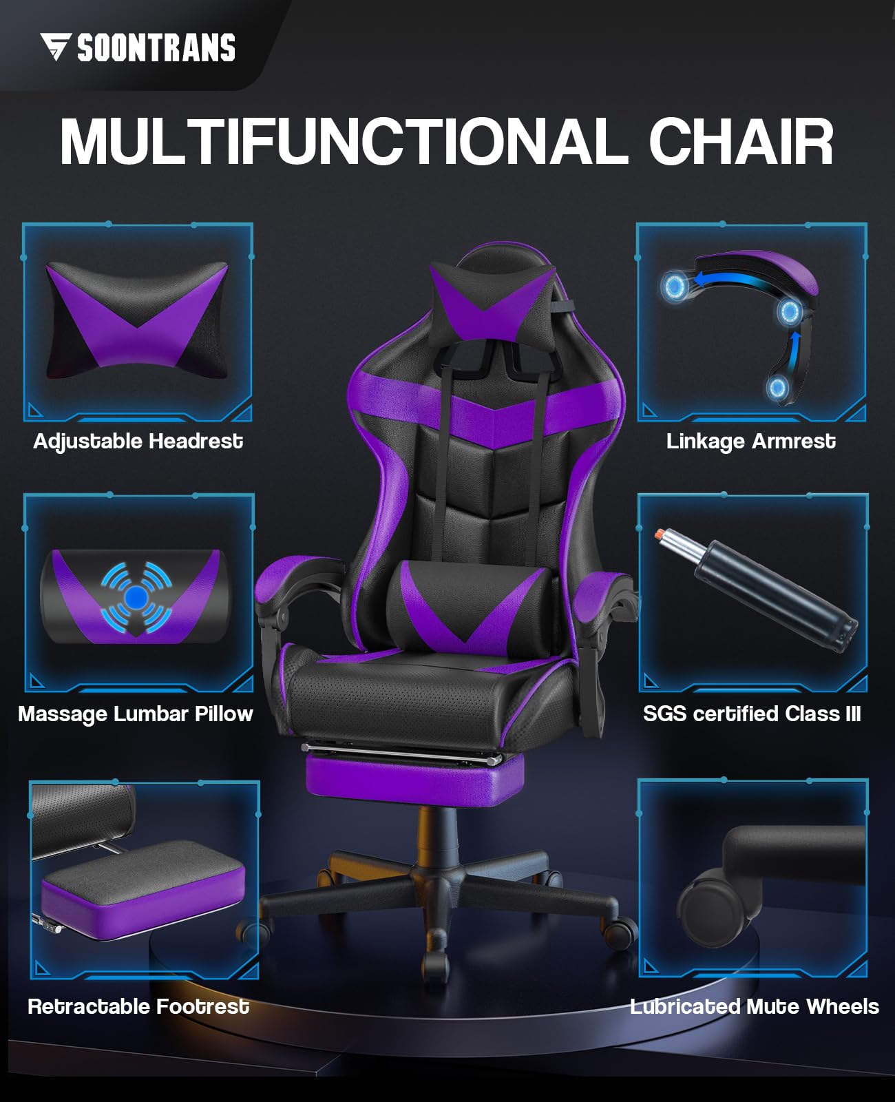 Silla gamer Soontrans con masajeador, reposapiés y reposacabezas, ergonómica, cojín de masaje lumbar, transmisión en vivo de YouTube y PlayStation (azul) 