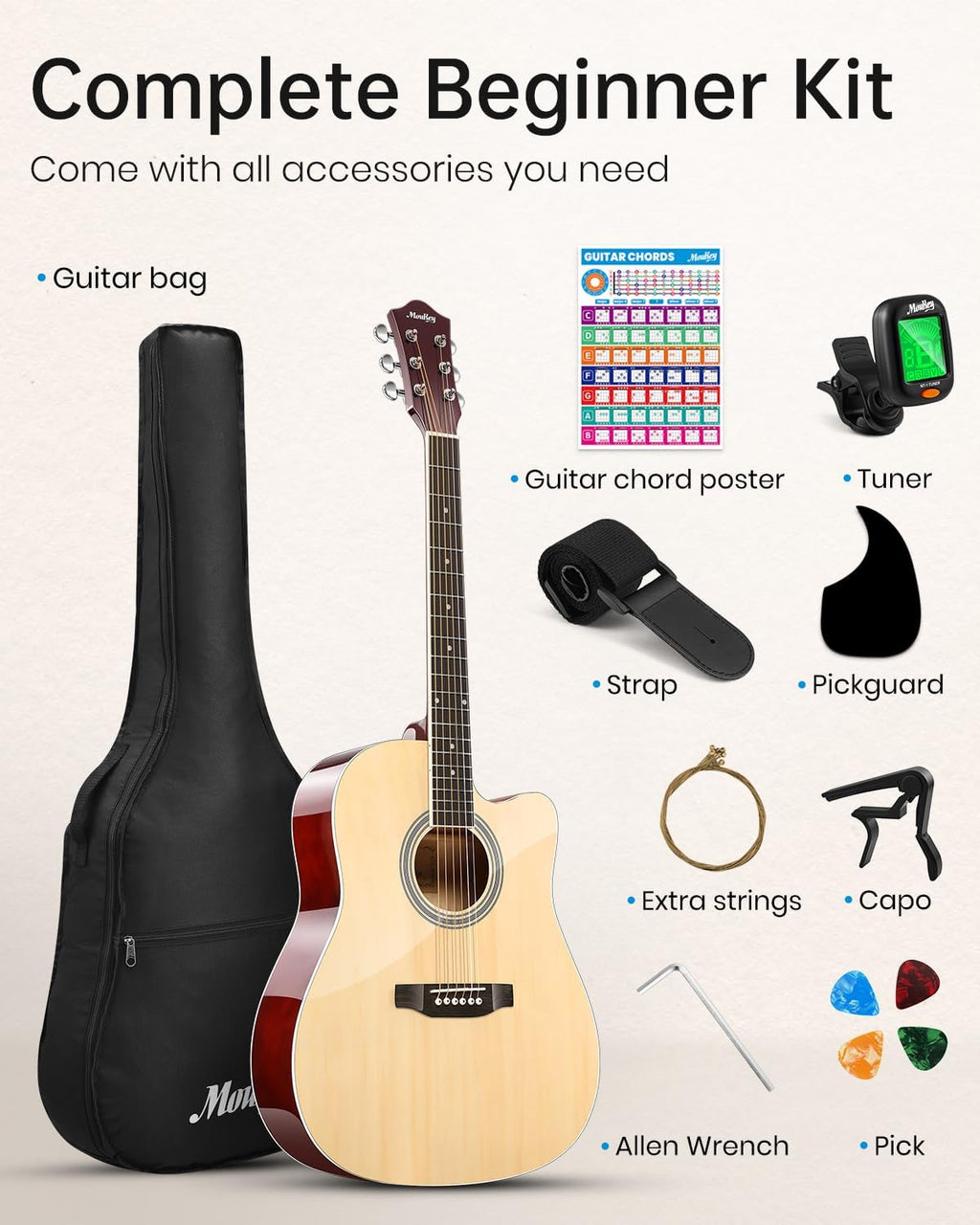 Moukey Acoustic Guitar Full Size Kits for Beginners Adults 4/4 de 41" Guitar Bundles com Chord Poster, Gig Bag, Tuner, Steel Strings, Strap, natural