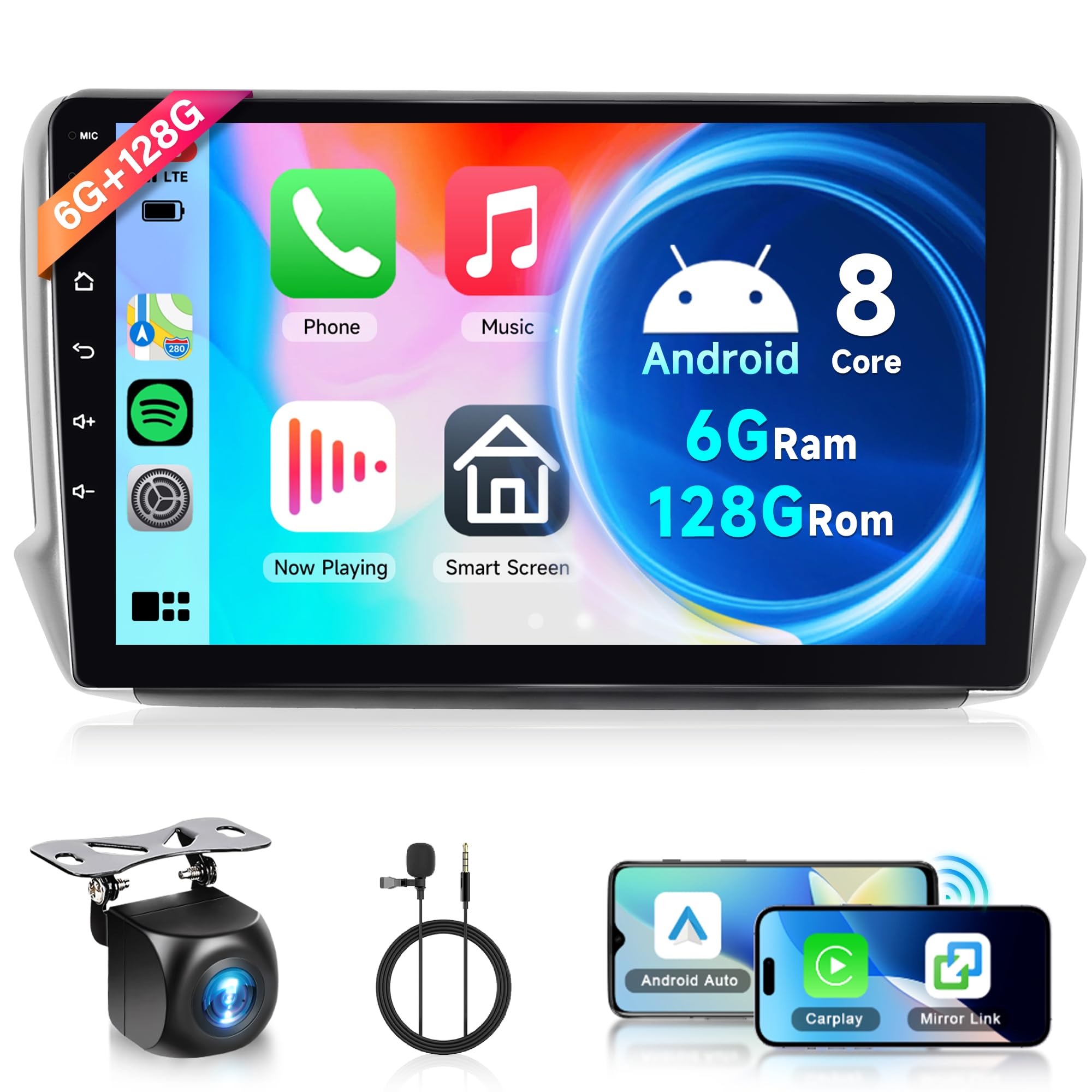 2G+64G Wireless Carplay Android 13 Car Radio 2 Din for Peugeot 2008 208 2012-2018 with Android Auto GPS Navi WiFi 10.1 Inch Car Radio with Bluetooth FM/RDS Radio USB/EQ/SWC Rear Camera