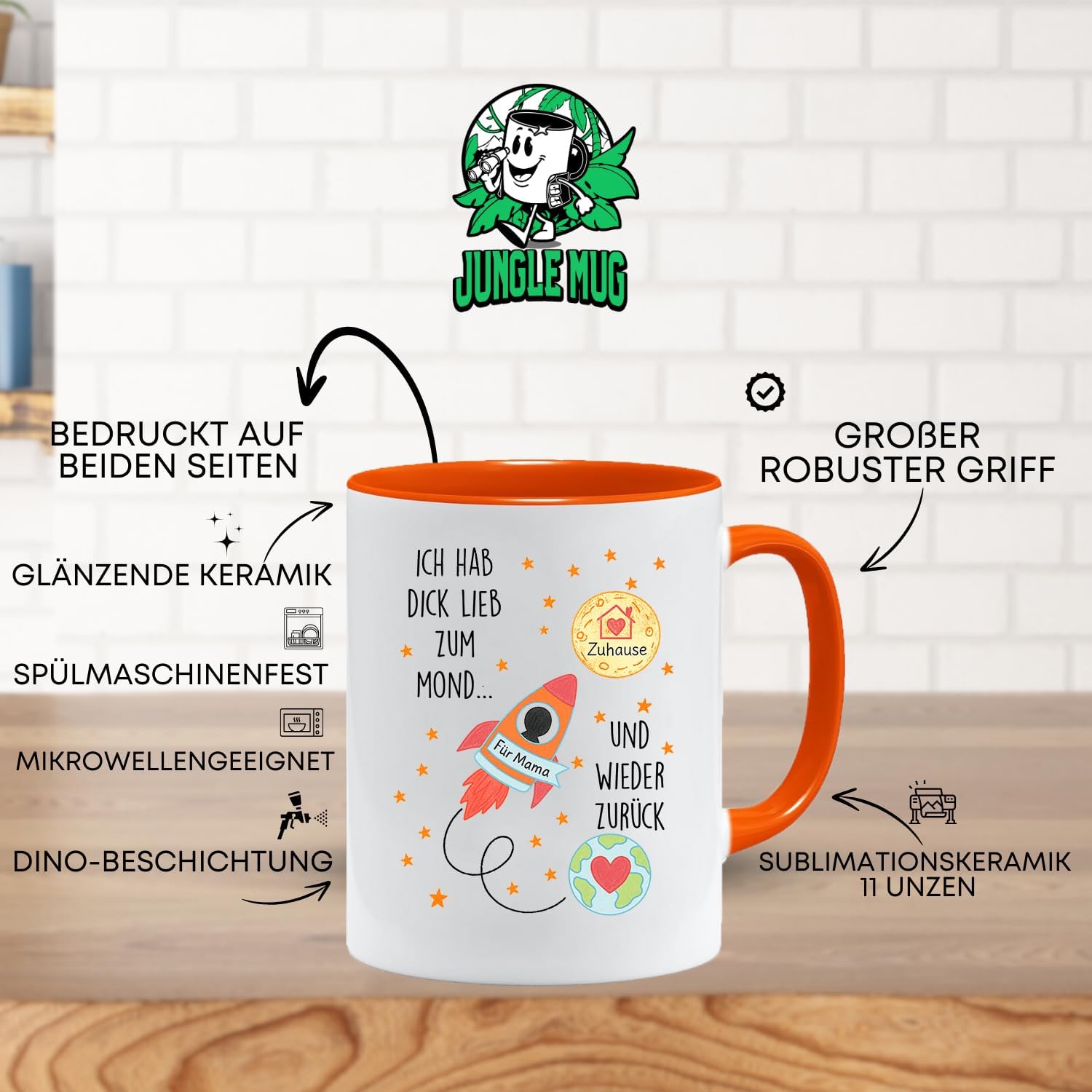 Jungle Mug Caneca com texto em alemão Ich hab dich lieb zum Moon und zurück Tasse | Geschenk für Mama von Kindern | Liebe Raketen-Tasse zum Muttertag | Muttertagsgeschenke
